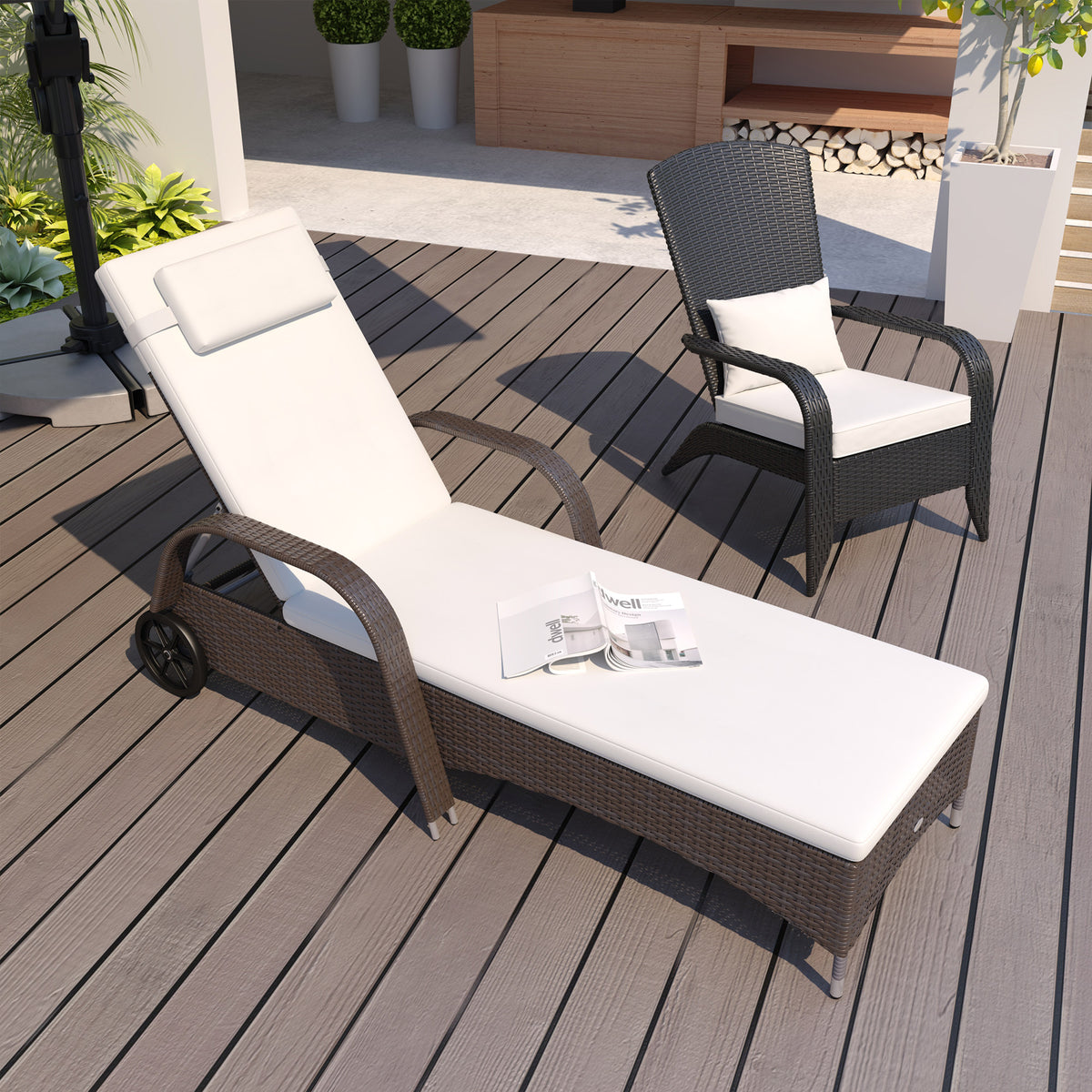 Outsunny Gartenliege mit Auflage, verstellbare Rückenlehne, Metallgestell, Polyrattan, braun+creme, 200 – Produktabbildung 2