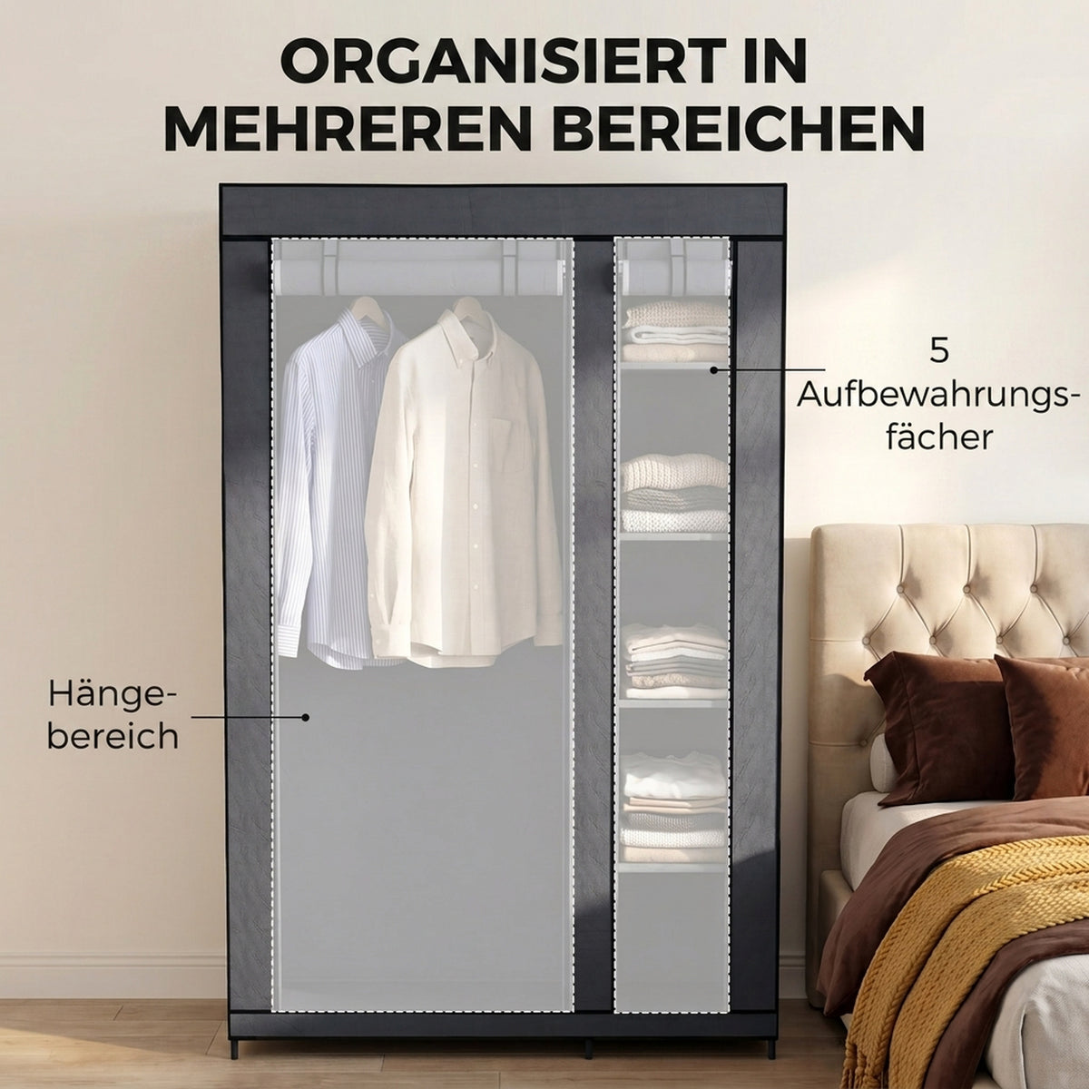 HOMCOM Mobiler Stoffkleiderschrank mit Kleiderstange und 5 Ablagefächern, Grau – Produktabbildung 4