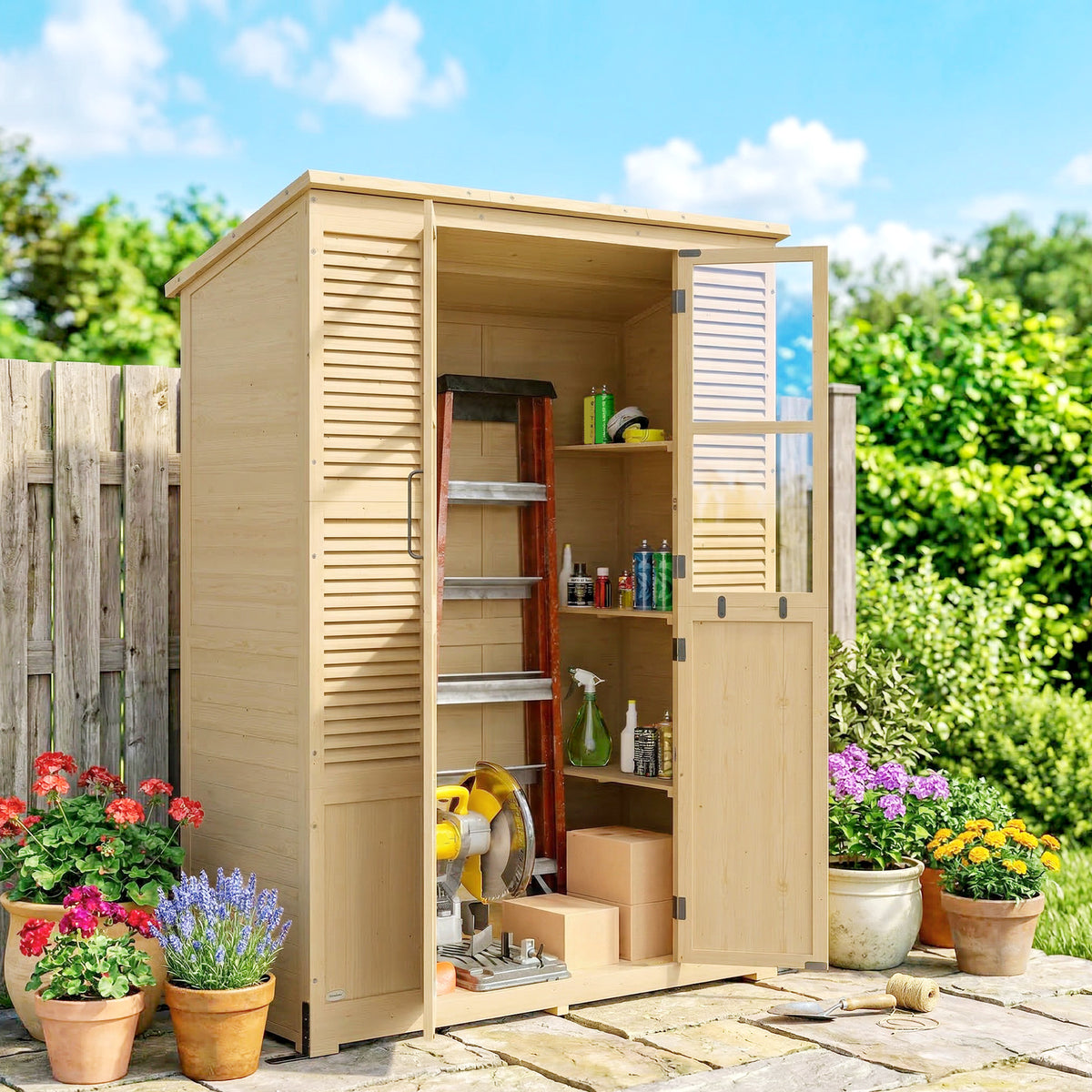 Wooden garden cabinet with shelf, acrylic windows, double doors, asphalt roof, slatted ventilation, floor panel (2)