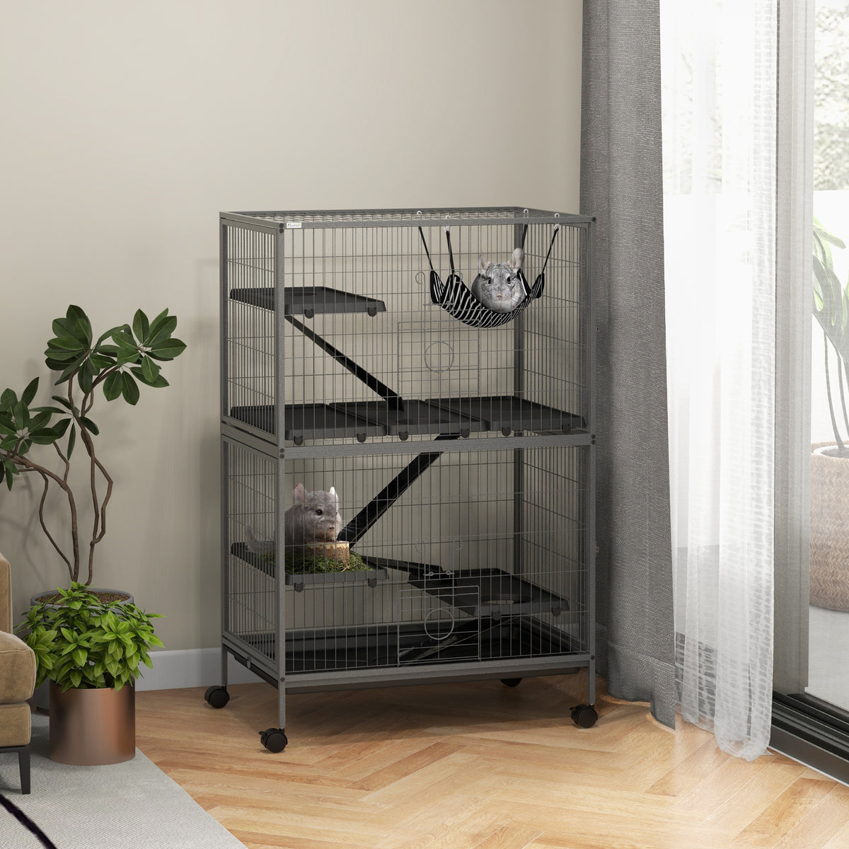 PawHut Kleintierkäfig mit Hängematte, Nagetierkäfig mit Rollen, 4-stöckiger Käfig, Metall, Kunststoff – Produktabbildung 2