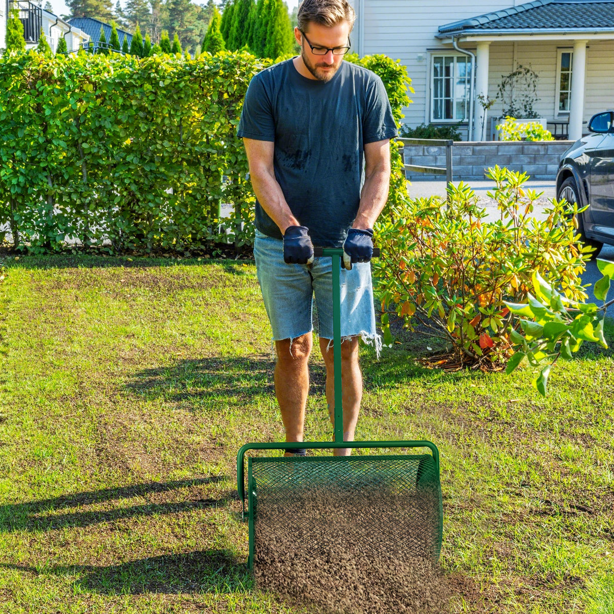 Outsunny Kompoststreuer 75L 61x40cm Düngerstreuer Rasen Garten mit T-Griff Mesh-Korb Metall Grün – Produktabbildung 2