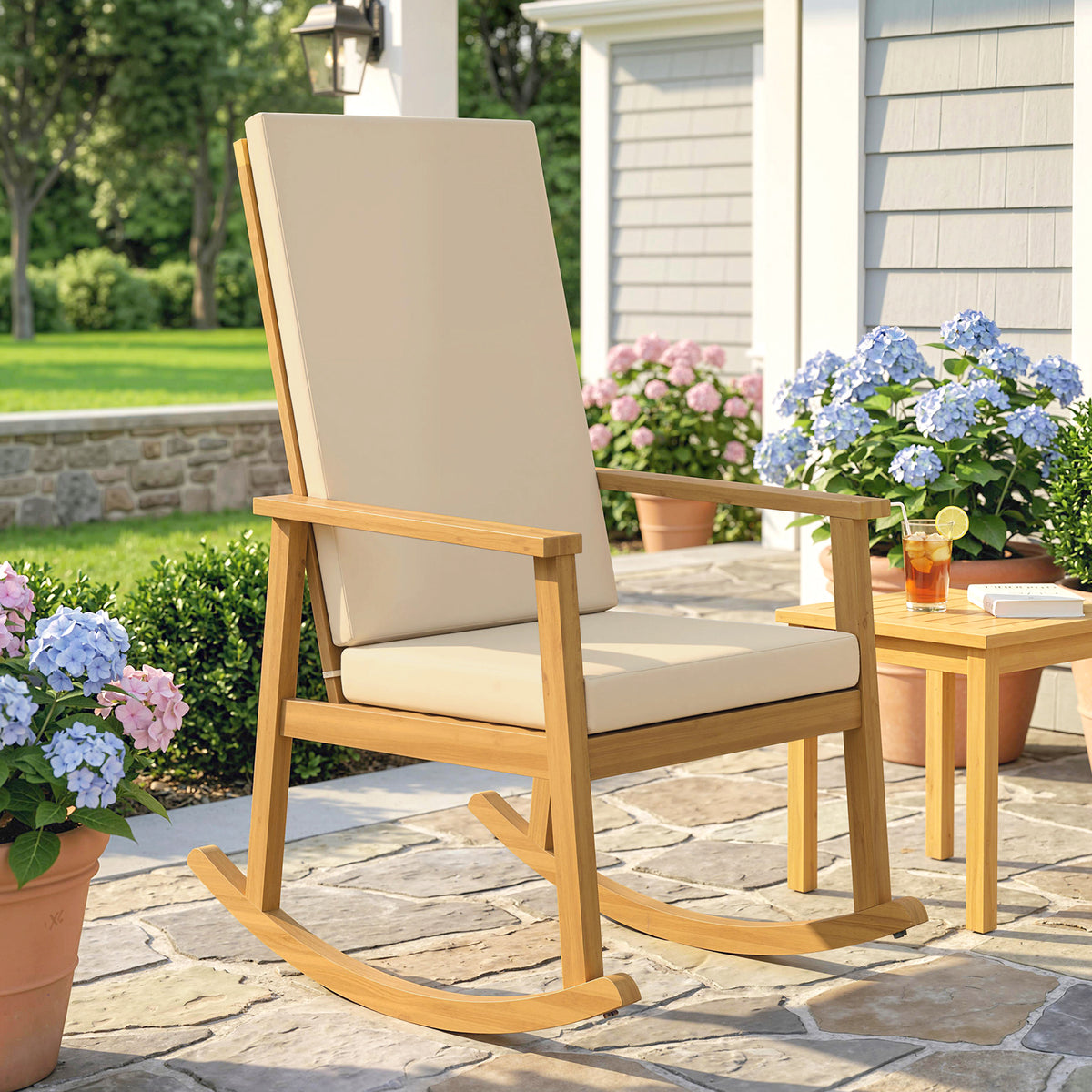 Outsunny Schaukelstuhl aus Akazienholz Schaukelsessel mit hoher Rückenlehne Kissen bis 160 kg 60 x 89 x – Produktabbildung 2