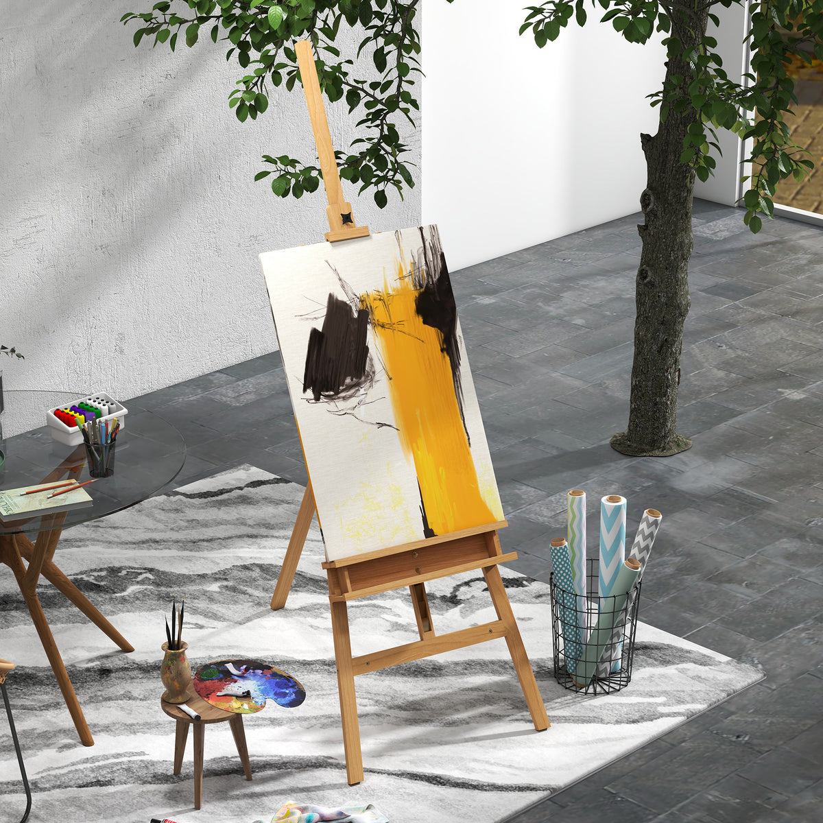 Easel, wooden easel, height-adjustable, foldable, shelf for pens, beech wood, 65 x 110 x 180-235 cm (2)
