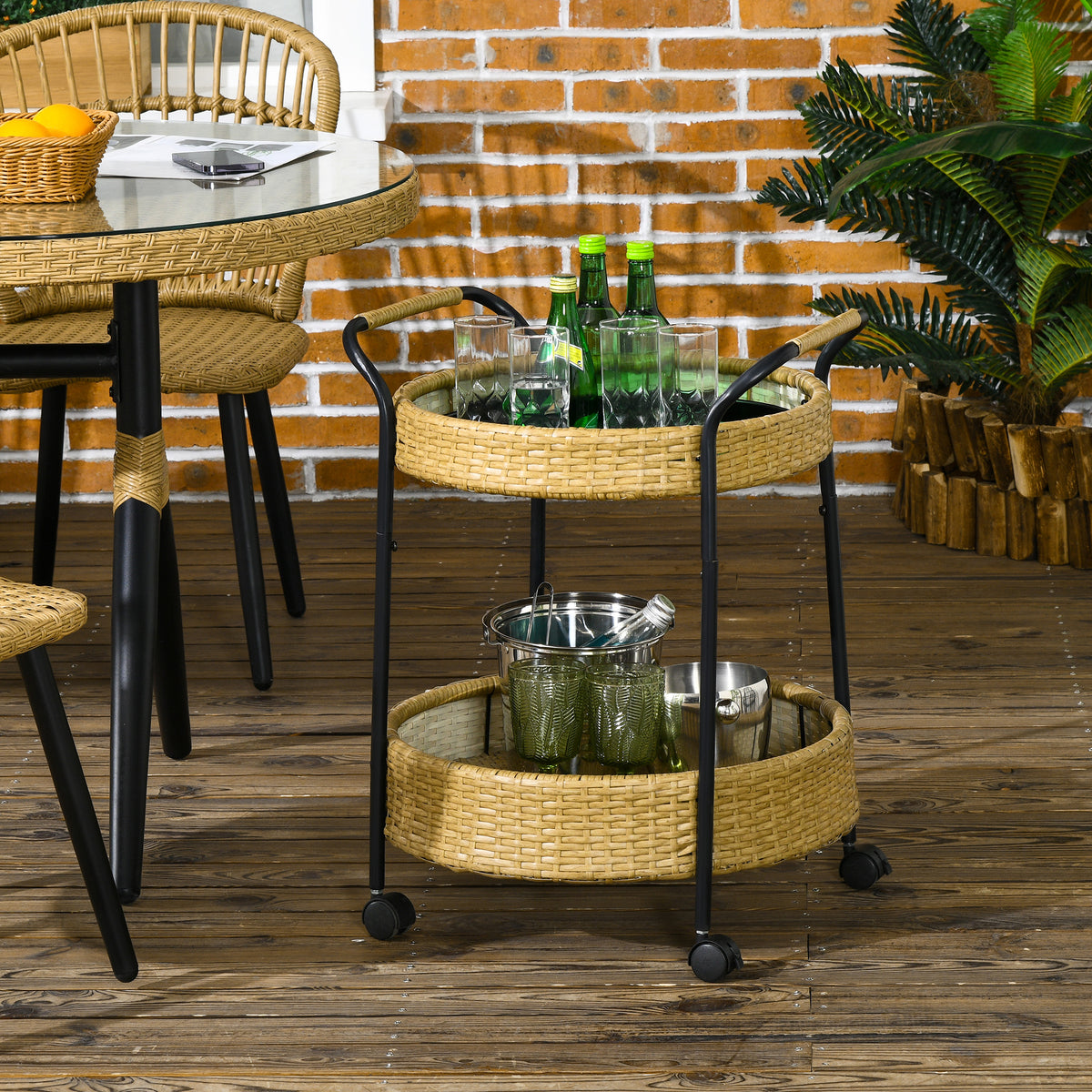 Outsunny Outdoor Servierwagen, 2 Etagen, Bremsen, Polyrattan, Metallrahmen, Φ50 x 66H cm, Gelb – Produktabbildung 2