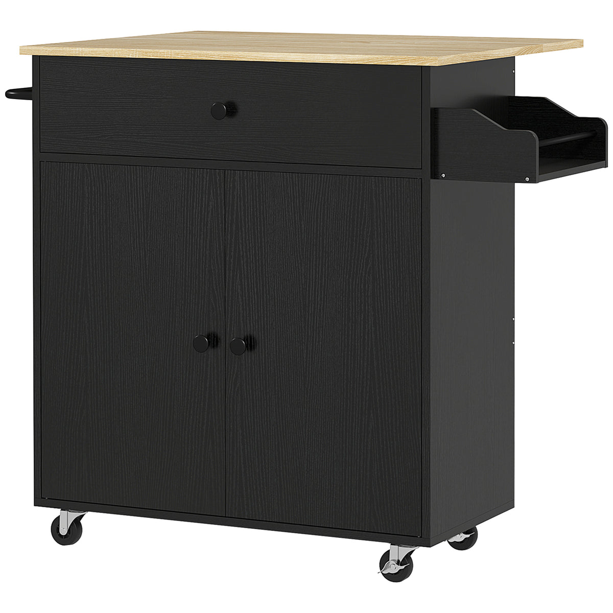 HOMCOM Küchenwagen mit Schublade, Schrankfach, Handtuchstange, 106 x 42 x 87 cm, Schwarz/Eiche