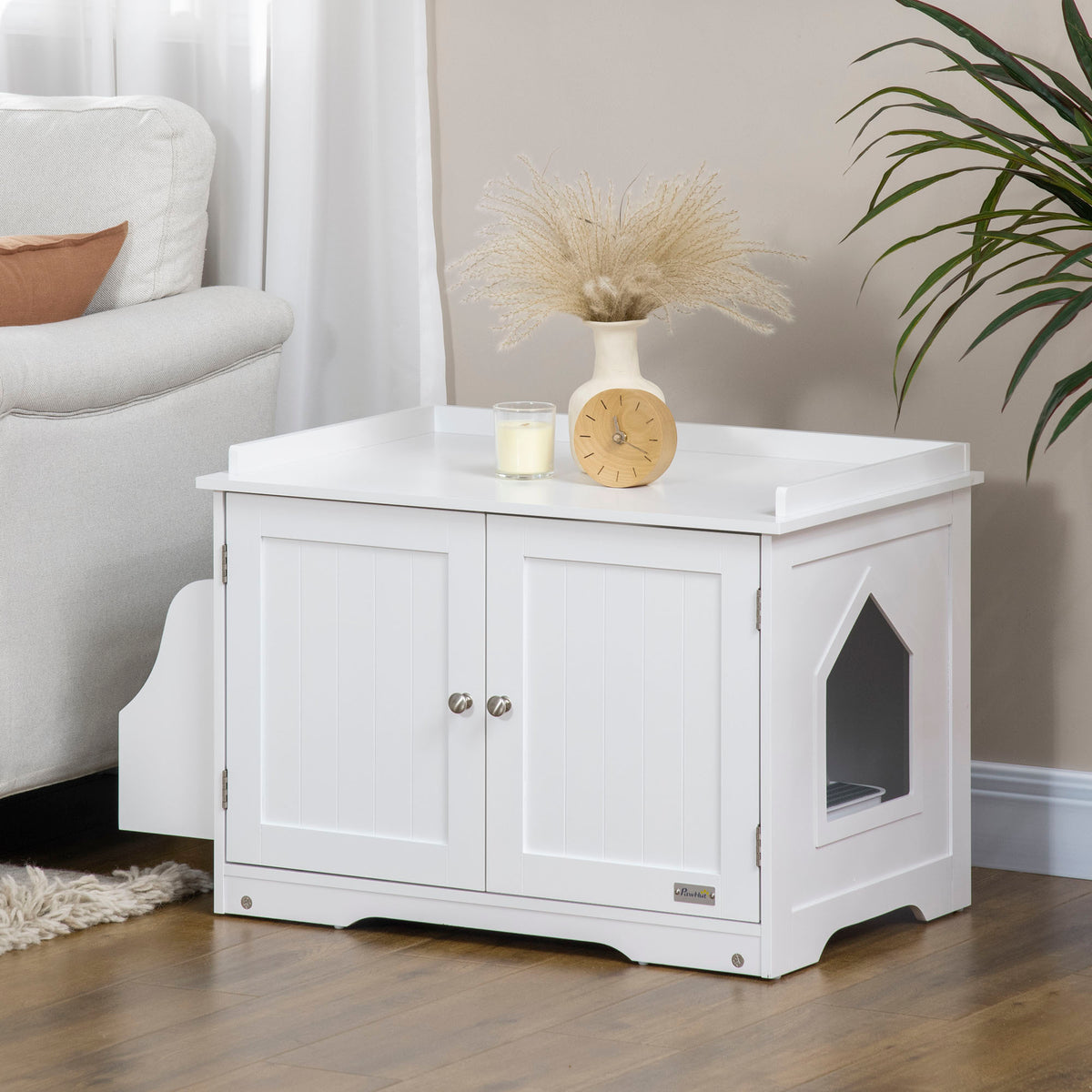 PawHut Katzentoilette, Katzenhaus, mit Trennwand, magnetischer Doppeltür, seitlicher Ablage, weiß, 86 x – Produktabbildung 2