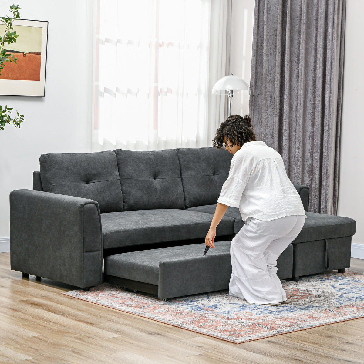 HOMCOM 3-Sitzer-Sofa mit Bettfunktion, Schlafsofa mit Chaiselongue, Polstersofa, Dunkelgrau – Produktabbildung 7