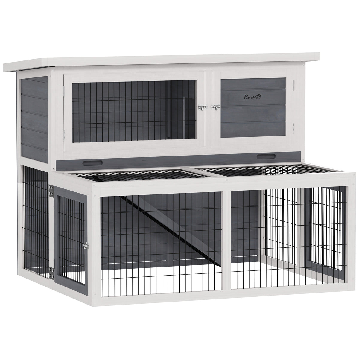 2-Tier Rabbit Hutch with Hinged Roof, Solid Wood Rabbit Cage, Winterproof Double-Decker House, 122x95x93.5 cm