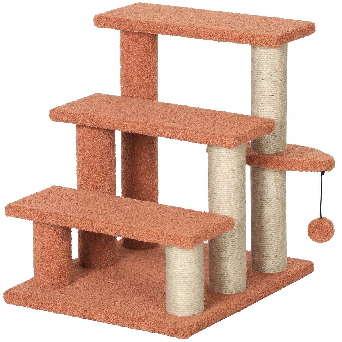 PawHut Kratzbaum, Haustiertreppe, 3 Stufen, Spielball, bis 5 kg, 45x40x48cm, Braun