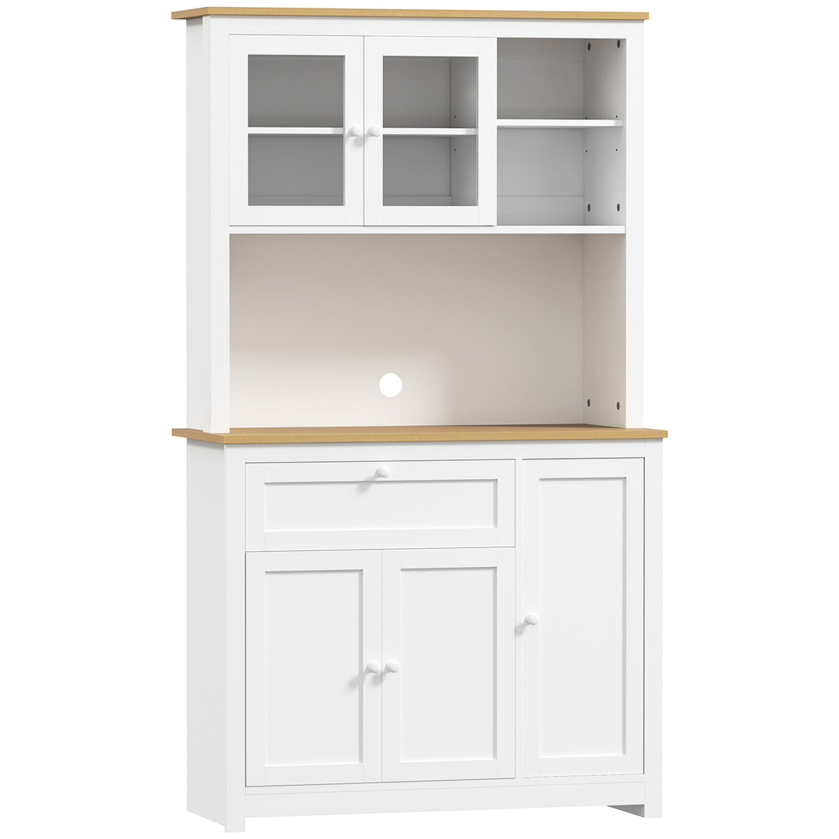 HOMCOM Küchenschrank im Landhausstil, 1 Vitrine, 1 offenes Regal, 1 Schublade, 2 Schränke, Natur + Weiß