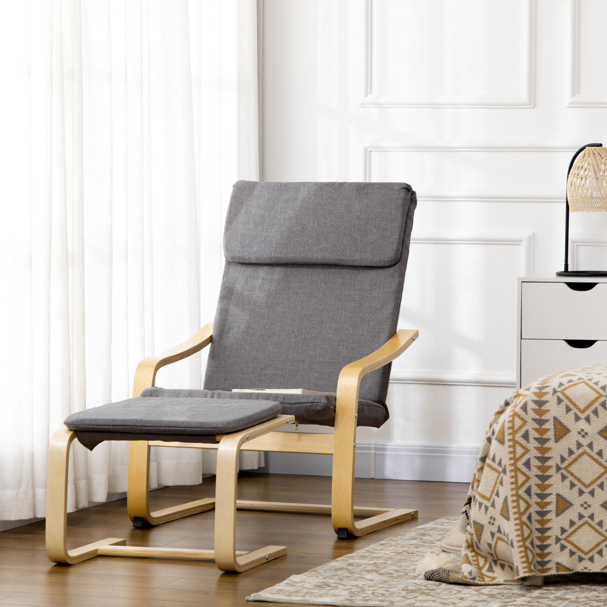 Armchair with footstool, armchair set, up to 120 kg, linen look, solid wood, gray + natural, 66.5 x 80 x 99 cm (2)