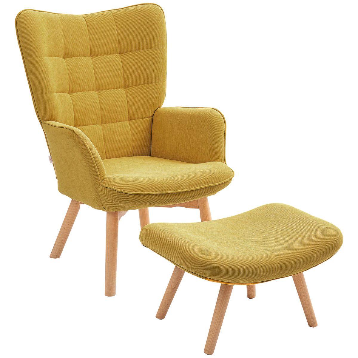 Accent chair with ottoman, corduroy-look lounge chair, armchair with wooden legs, for living room, orange
