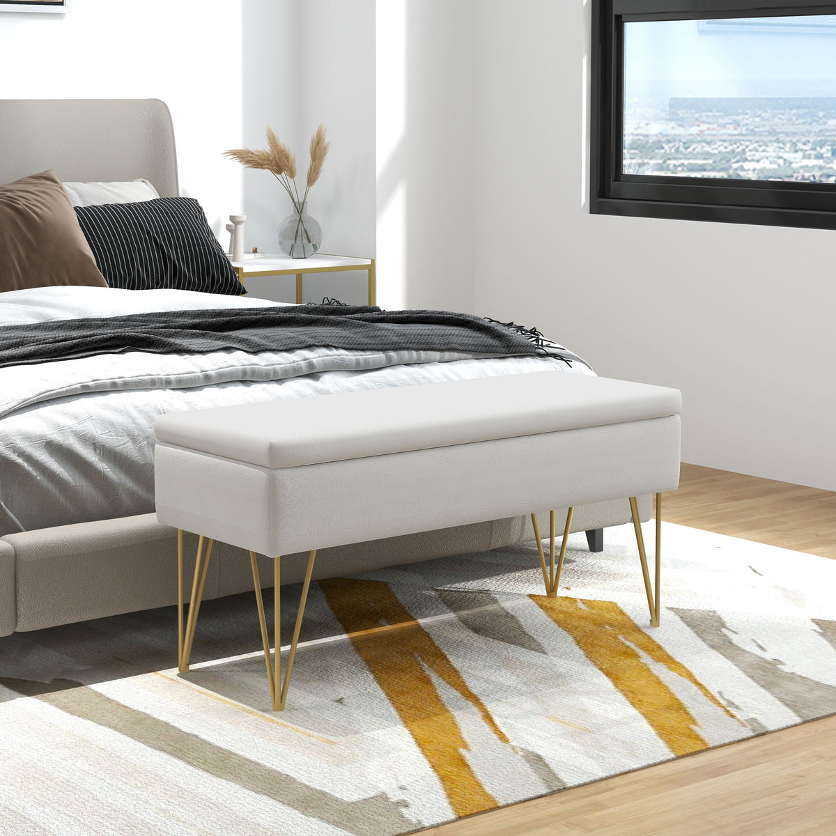 Storage bench, thick padding, breathable fabric, steel legs, 100x40x49 cm, cream (2)