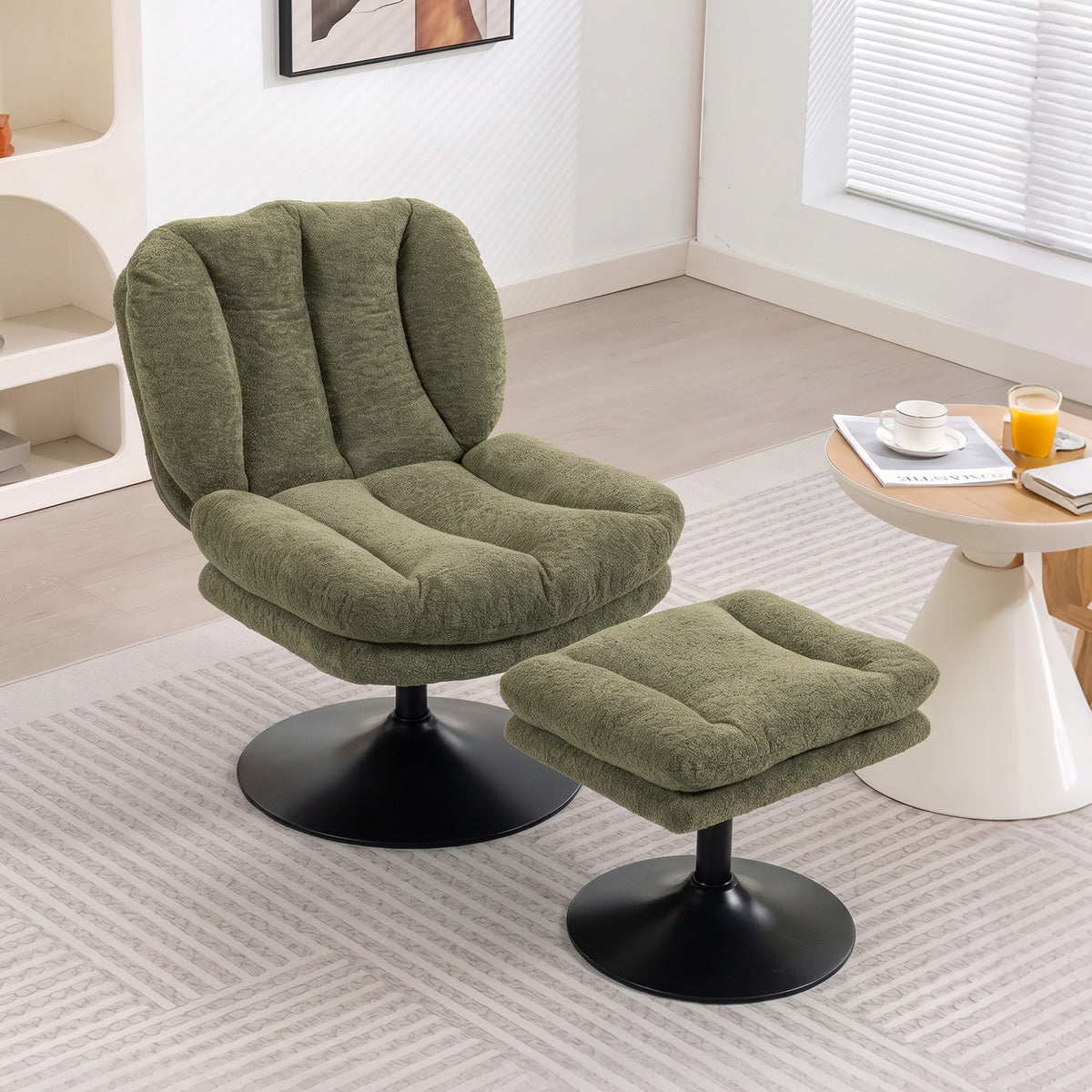 Lounge chair with stool, 360° swivel, in raindrop velvet, height-adjustable footstool, green (2)