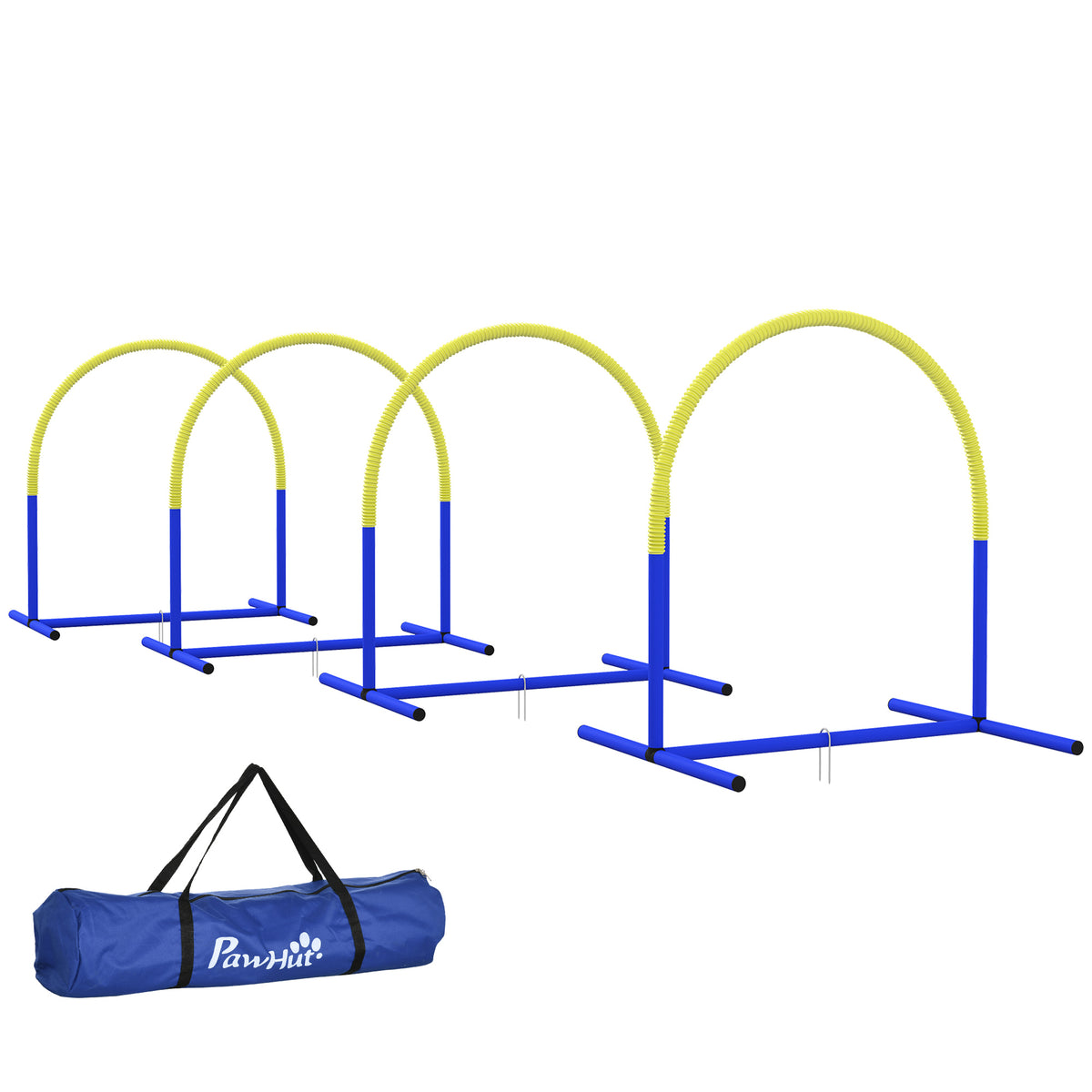 PawHut Agility-Set für Hunde, Hundetraining, 4 Bögen, für Einsteiger, mit Tragetasche, blau+gelb, 88 x 64 x