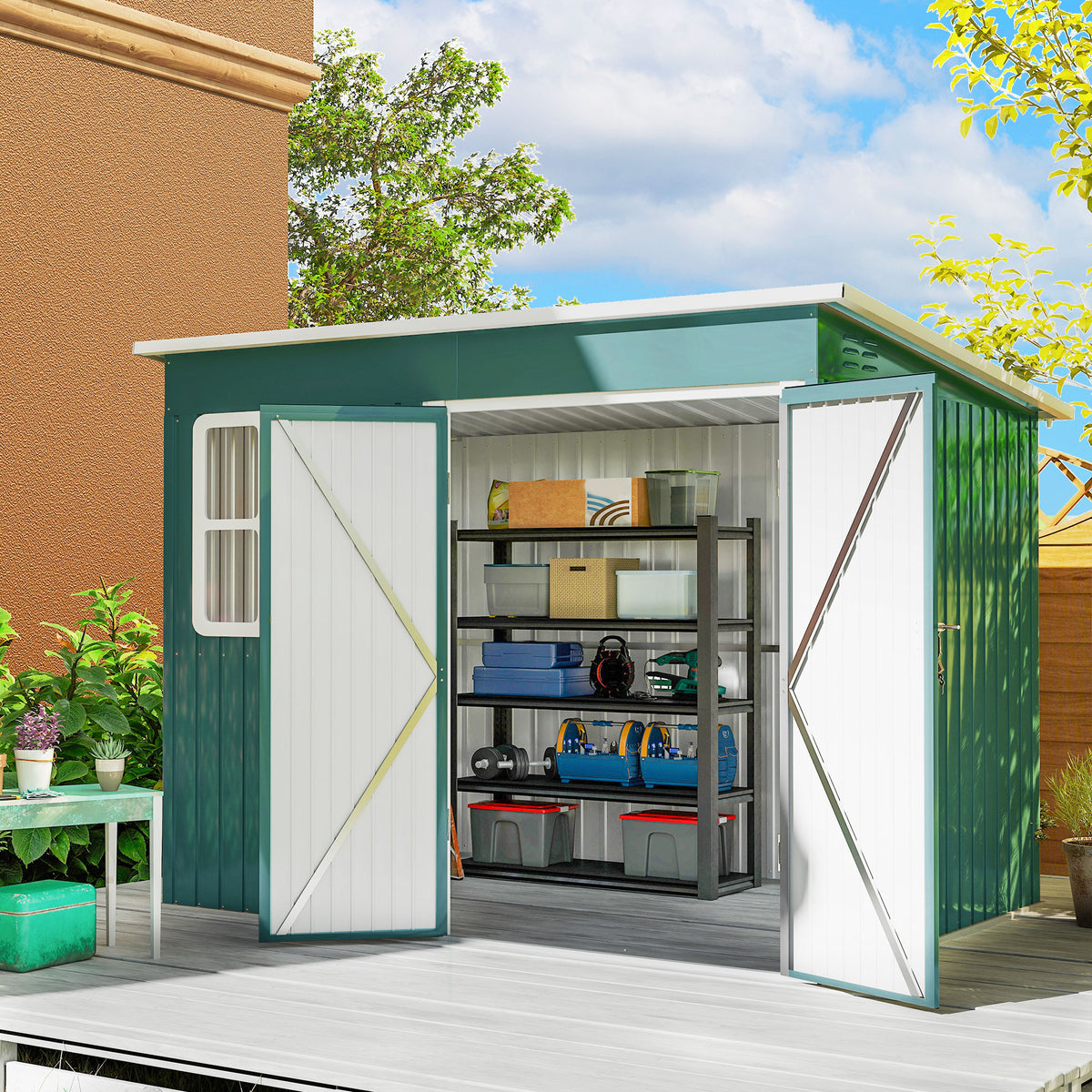 Metal garden tool shed, with window, wide door, 260 x 177 x 190 cm, green (2)
