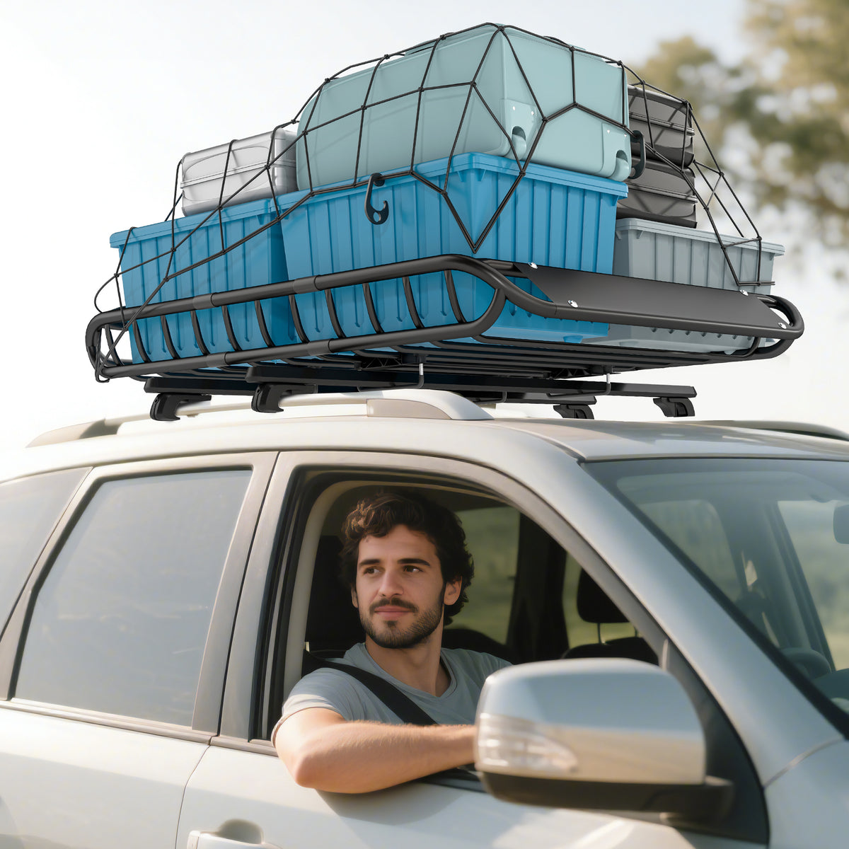 Universal roof rack cargo basket with wind fairing, up to 68 kg, 116 x 92 x 11.5 cm for SUV trucks, black (2)