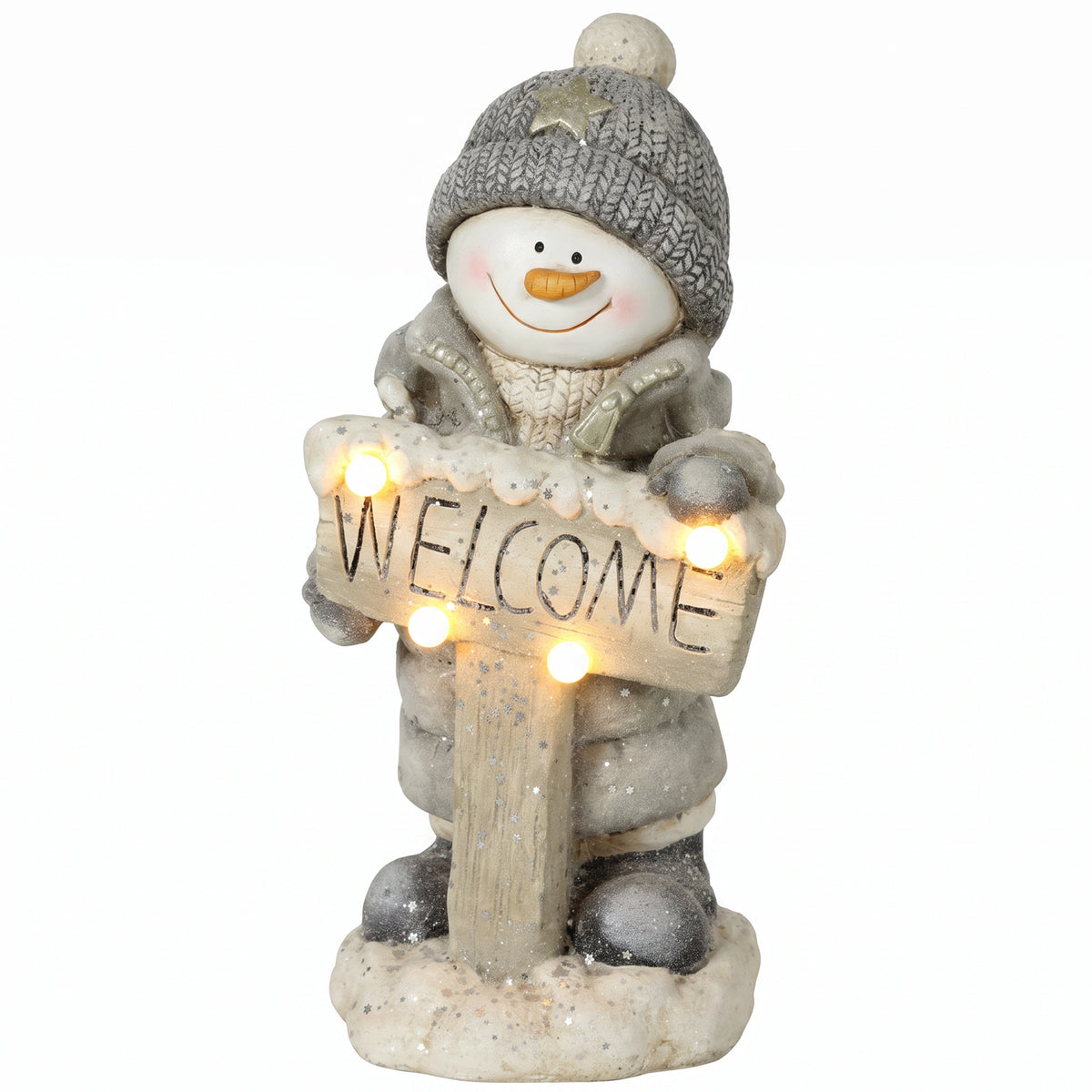 Christmas decoration snowman figurine, illuminated Christmas statue made of MGO with Welcome sign, LEDs and