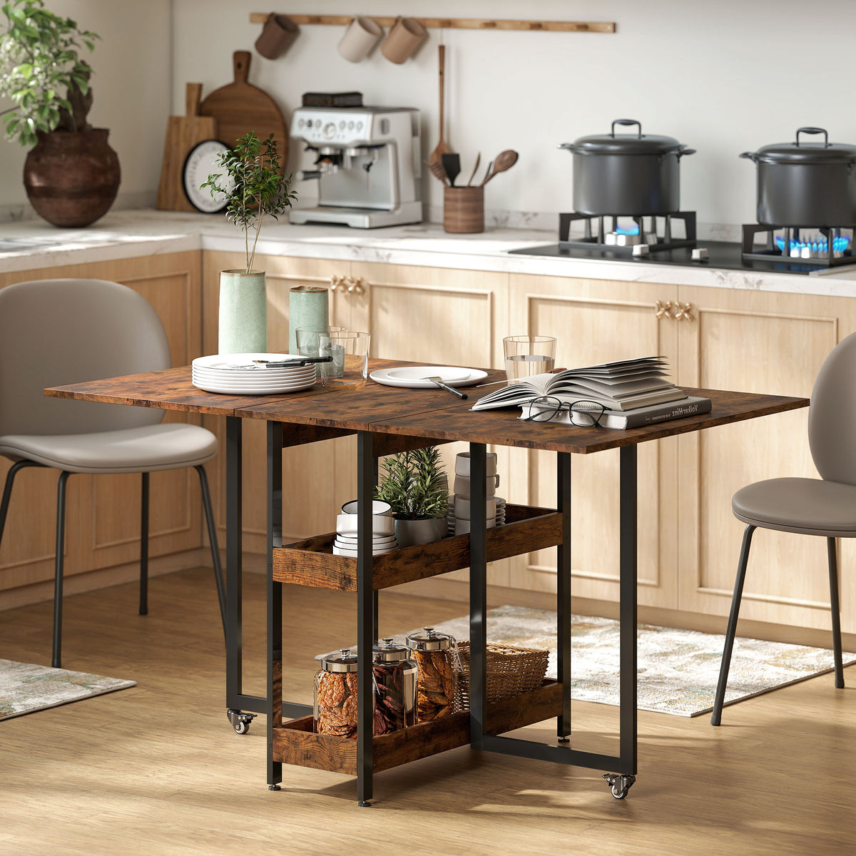 HOMCOM Klappbarer Esstisch im Industriedesign, für bis zu 4 Personen, offene Regale, flexibel, Metall – Produktabbildung 2