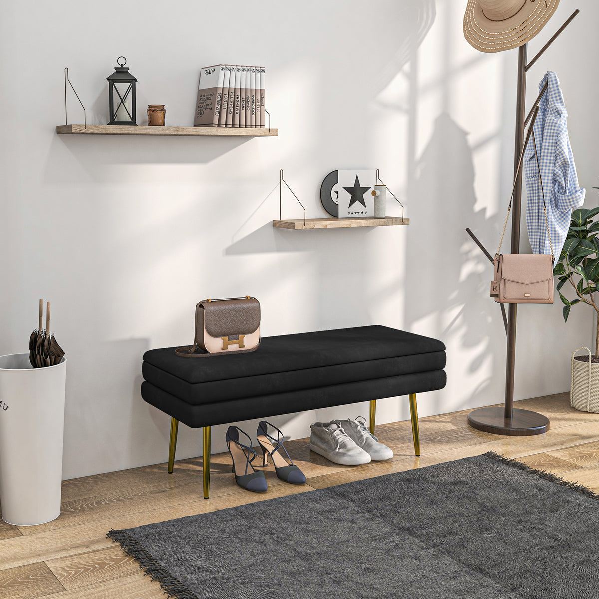Bench upholstered bench, with storage space, steel, 100 cm x 37.5 cm x 42 cm, black (2)