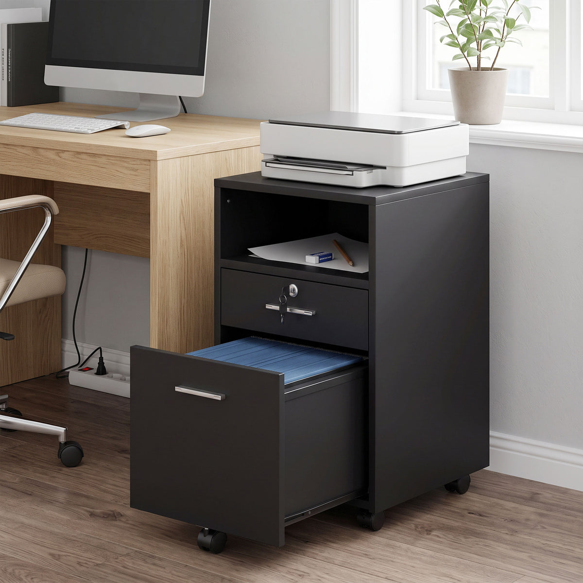 Office filing cabinet mobile pedestal, 2 drawers, one drawer lockable, 5 casters, black, 40 x 40 x 65 cm (2)