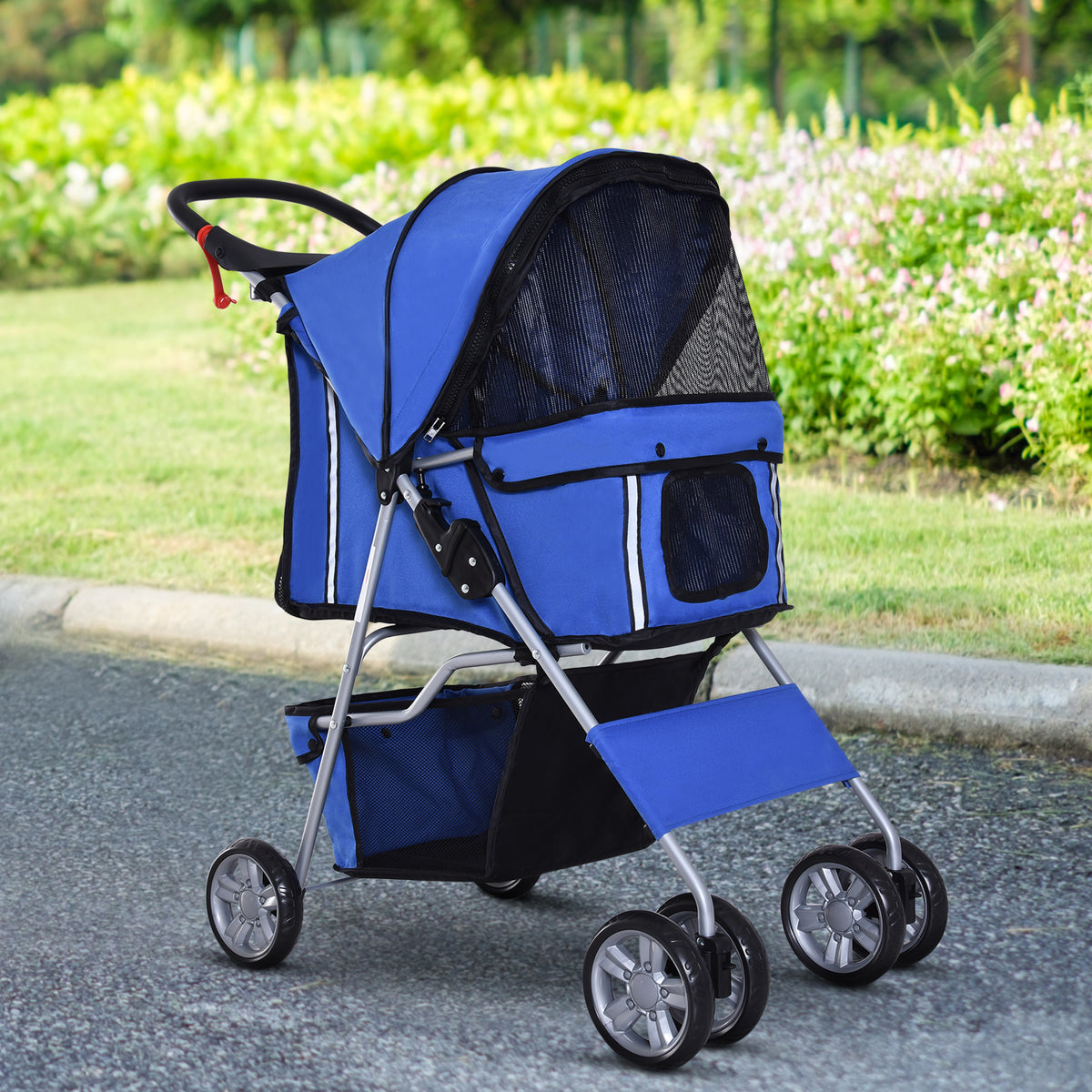 PawHut Hundewagen bis 10kg klappbar verstellbares Vordach 2 Becherhalter Bodenkorb Blau – Produktabbildung 2