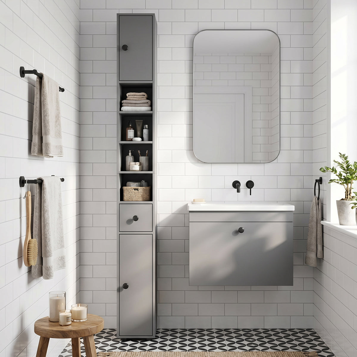 Bathroom cabinet, 4 shelves, drawer, chipboard, slim design, grey (8)