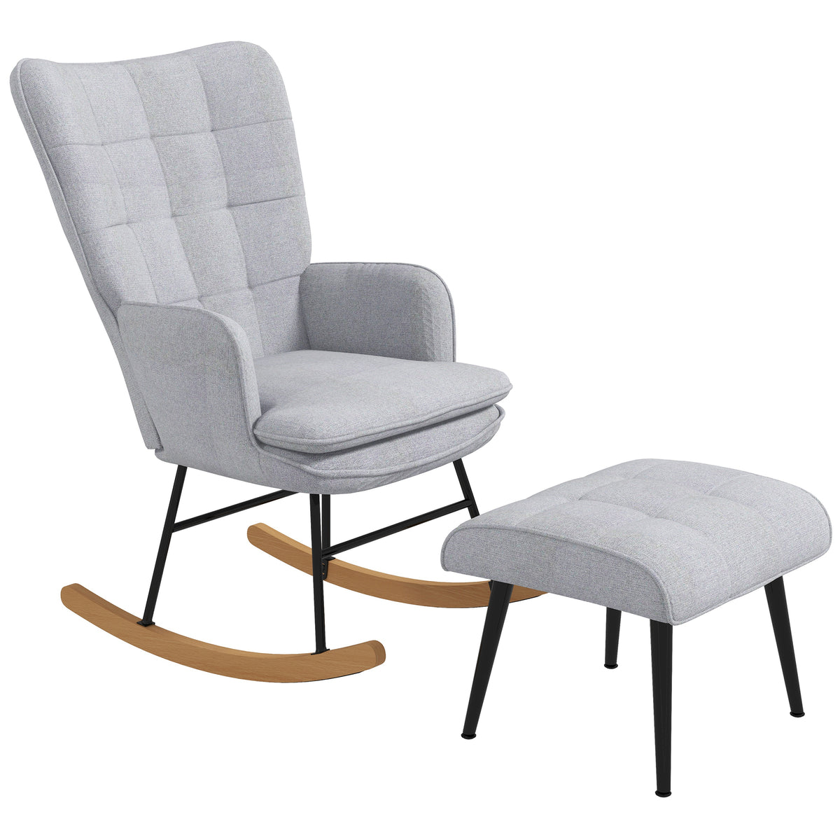 Rocking chair with ottoman, Scandinavian design rocking chair with footstool, beech wood, quilting, 64 cm x 89