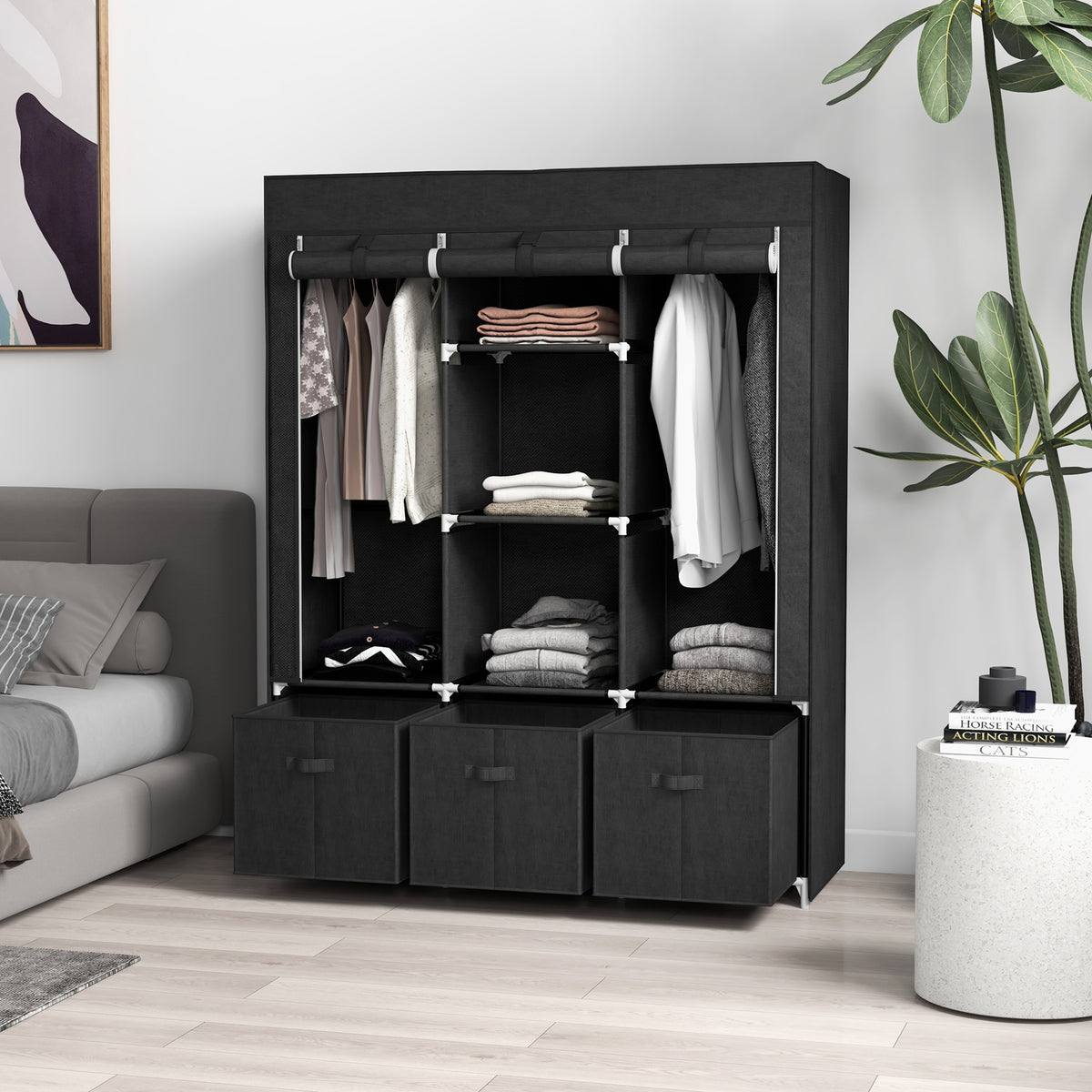 HOMCOM Stoffschrank aus Vlies, Faltschrank, inkl. 3 Schubladen, 125 cm x 43 cm x 162,5 cm, Schwarz – Produktabbildung 2