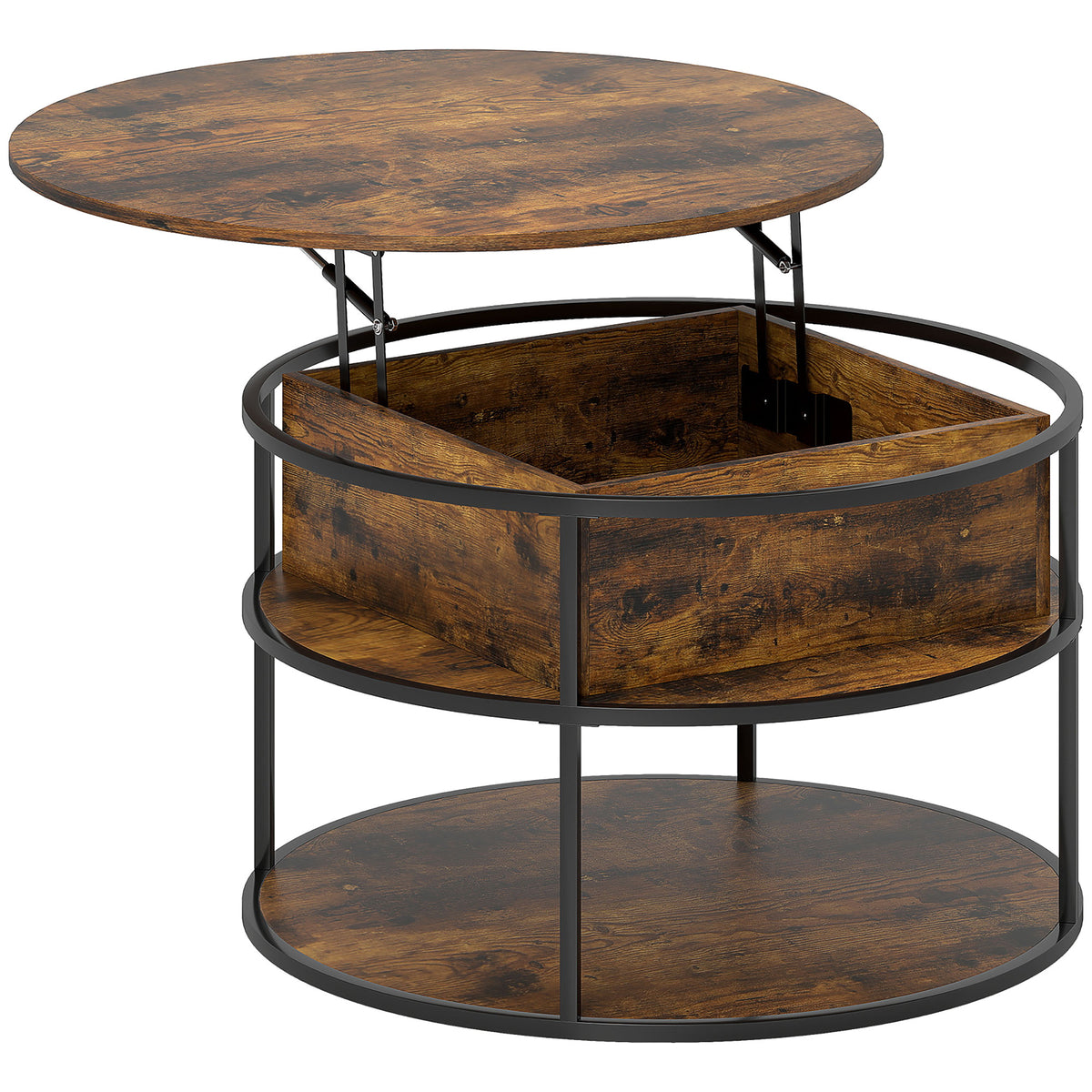 Round coffee table with lift-top, storage compartment, side shelves, steel frame, coffee table, brown