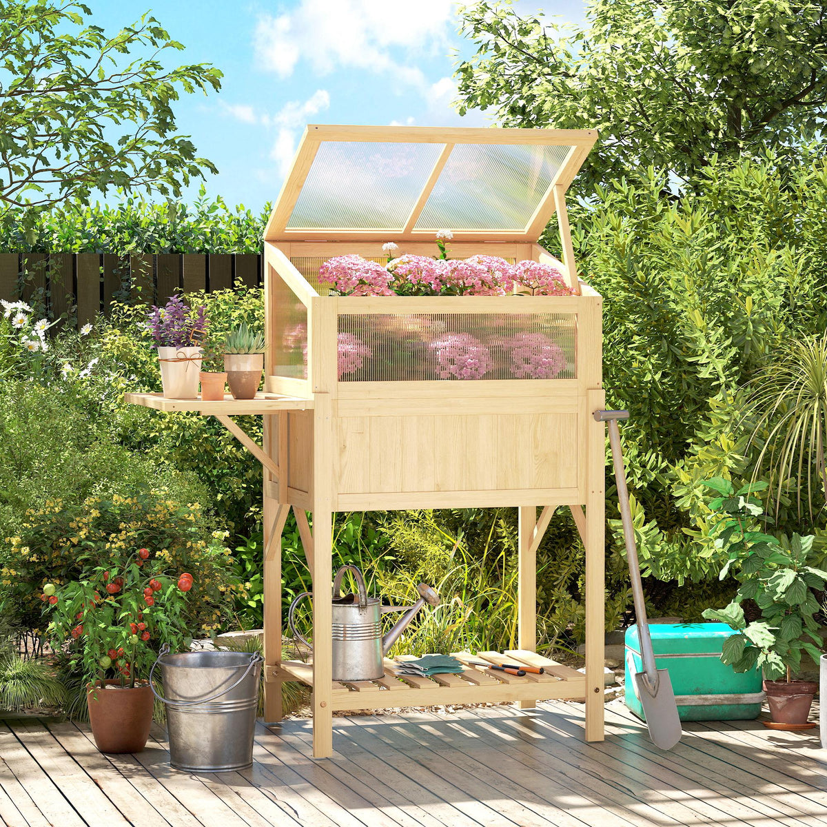 Outsunny Hochbeet mit Frühbeetaufsatz aus Holz Pflanzkasten mit Gewächshaus klappbar Seitentisch – Produktabbildung 2