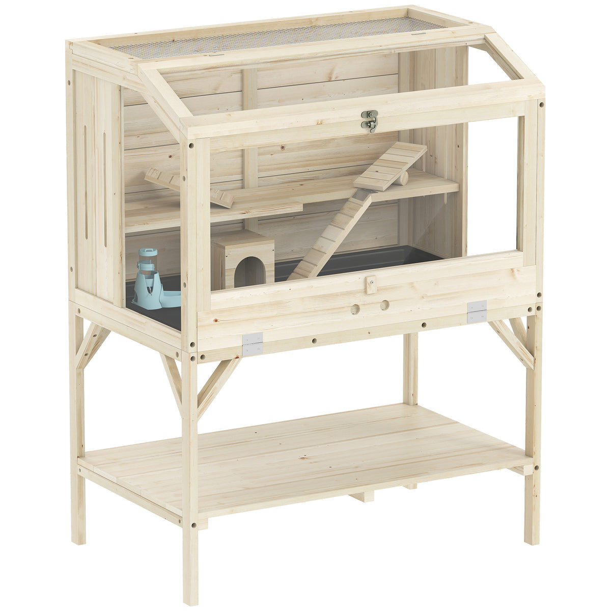 Hamster cage, 2 levels, small animal cage with storage compartment, accessories, 84 x 53 x 110 cm, natural wood