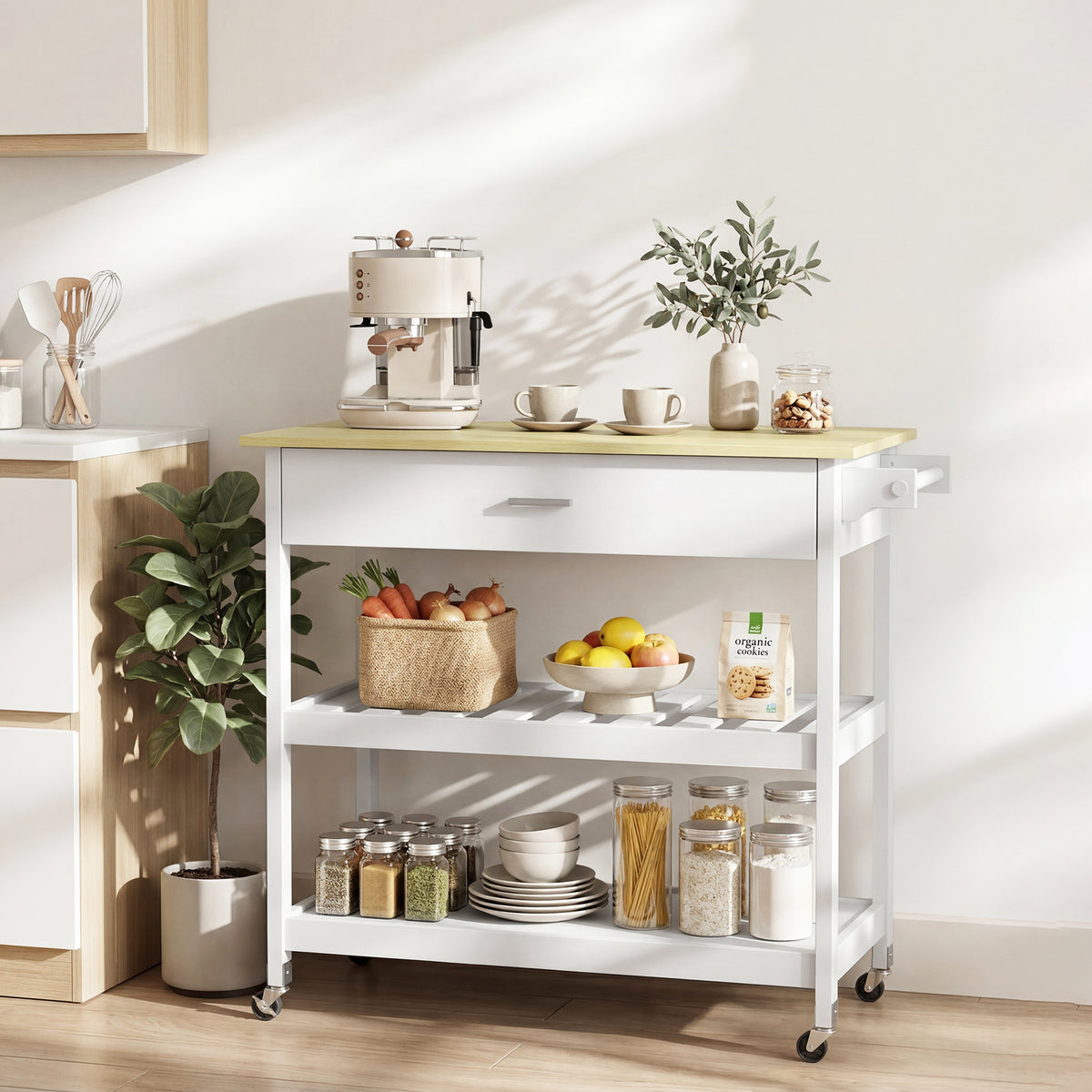 HOMCOM Küchenwagen mit Stauraum, Rollende Kücheninsel mit großer Arbeitsplatte, Schublade, 2 offenen – Produktabbildung 10