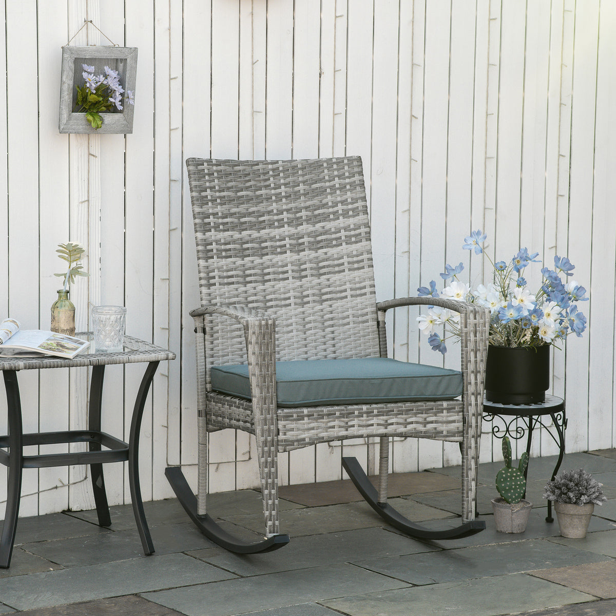 Outsunny Schaukelstuhl Schwingsessel Gartenstuhl mit Kissen, Polyrattan+Metall, Grau, 66 x 88 x 98 cm – Produktabbildung 2