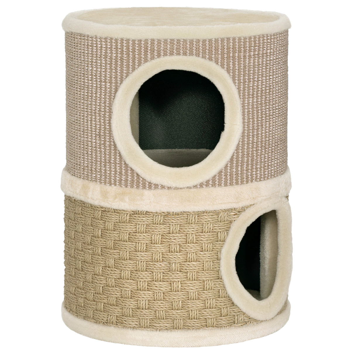 PawHut Kratztonne, 49 cm hoch, Ø35,5 cm zweistöckige Katzentonne mit Plüschrand Kratzmatte, 2 Höhle
