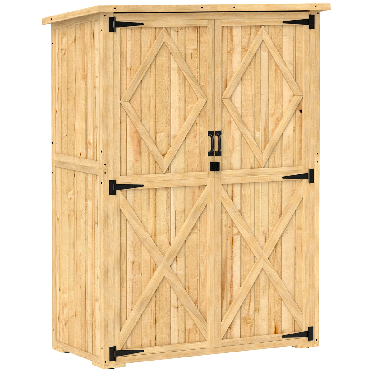 Garden storage shed, wooden shed for tools and gardening equipment, asphalt roof, double doors, spruce wood