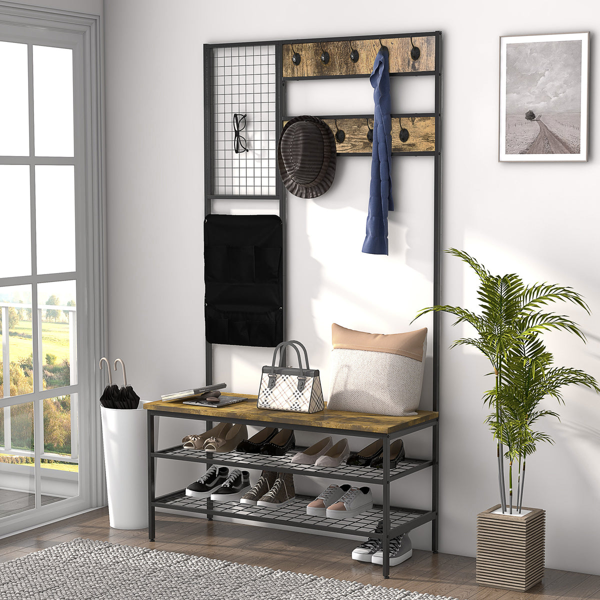 HOMCOM Garderobe im Industriedesign, 1 Memoboard, 1 Schuhbank, 8 Kleiderhaken, 1 Aufbewahrungstasche – Produktabbildung 2