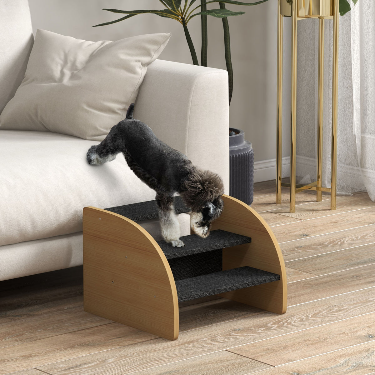 PawHut Haustiertreppe Hundetreppe, 3 Stufen, kleiner Hund, 38,5 cm x 38,5 cm x 30 cm, Eiche + Schwarz – Produktabbildung 2