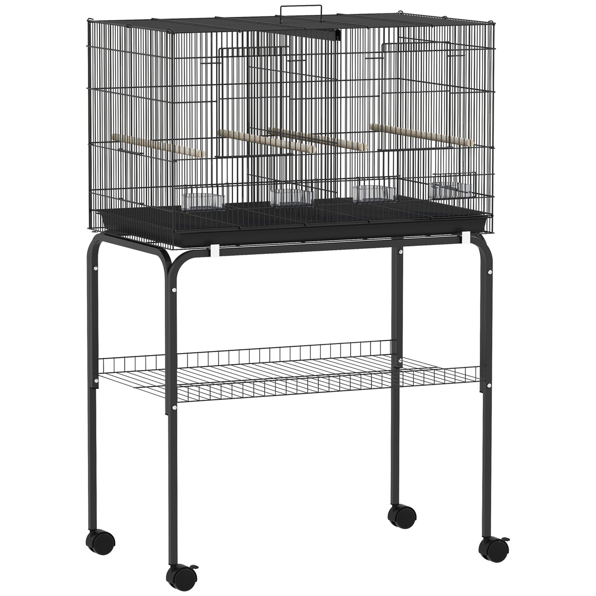 PawHut Vogelkäfig, Vogelvoliere mit Rollen, 2 Türen, 4 Sitzstangen, Ablagefach, Metall Vogelhaus 76x46x116cm
