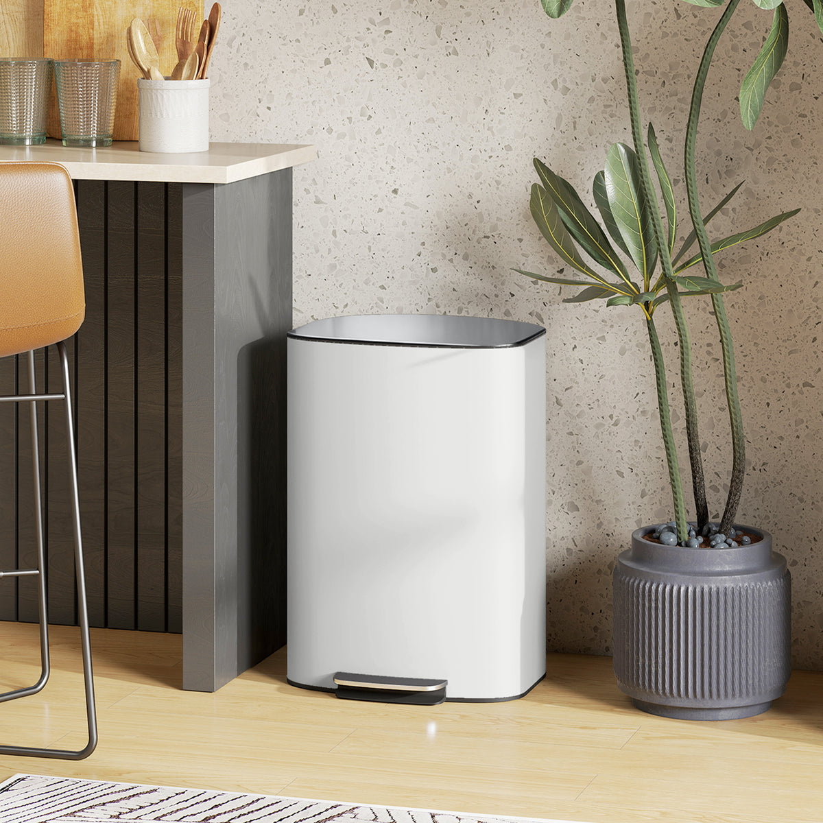 HOMCOM Mülleimer Küche 50 Liter Treteimer mit Bleib-Offen-Funktion, Soft-Close-Deckel, Pedal, Cremeweiß – Produktabbildung 2
