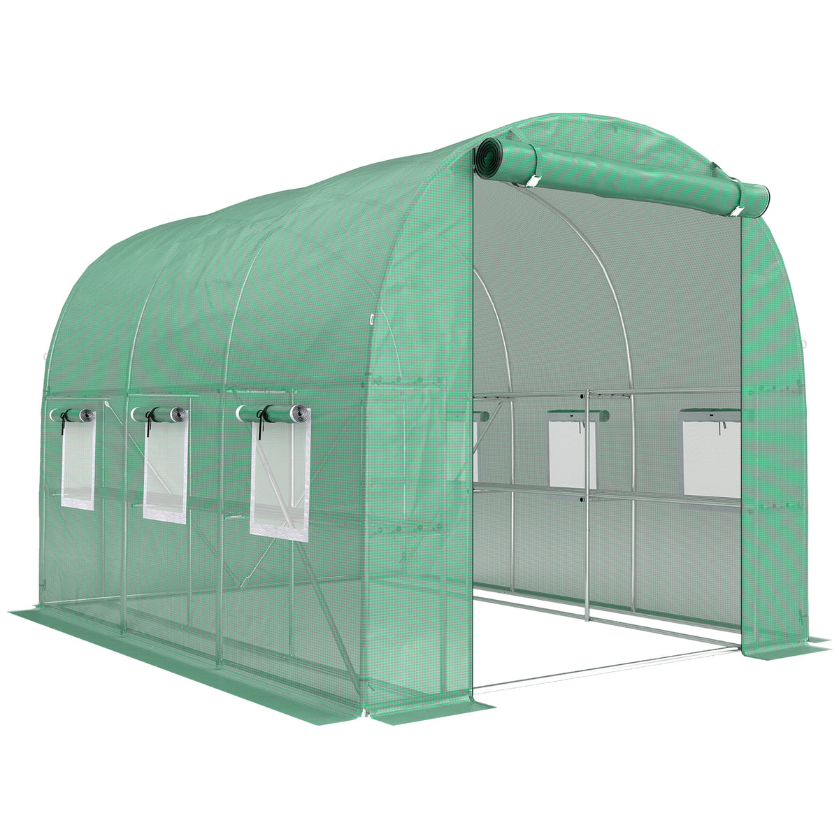 Greenhouse approx. 2.7 x 2 x 2 m walk-in tunnel greenhouse with shelves, rollable, zip door, 6 mesh windows