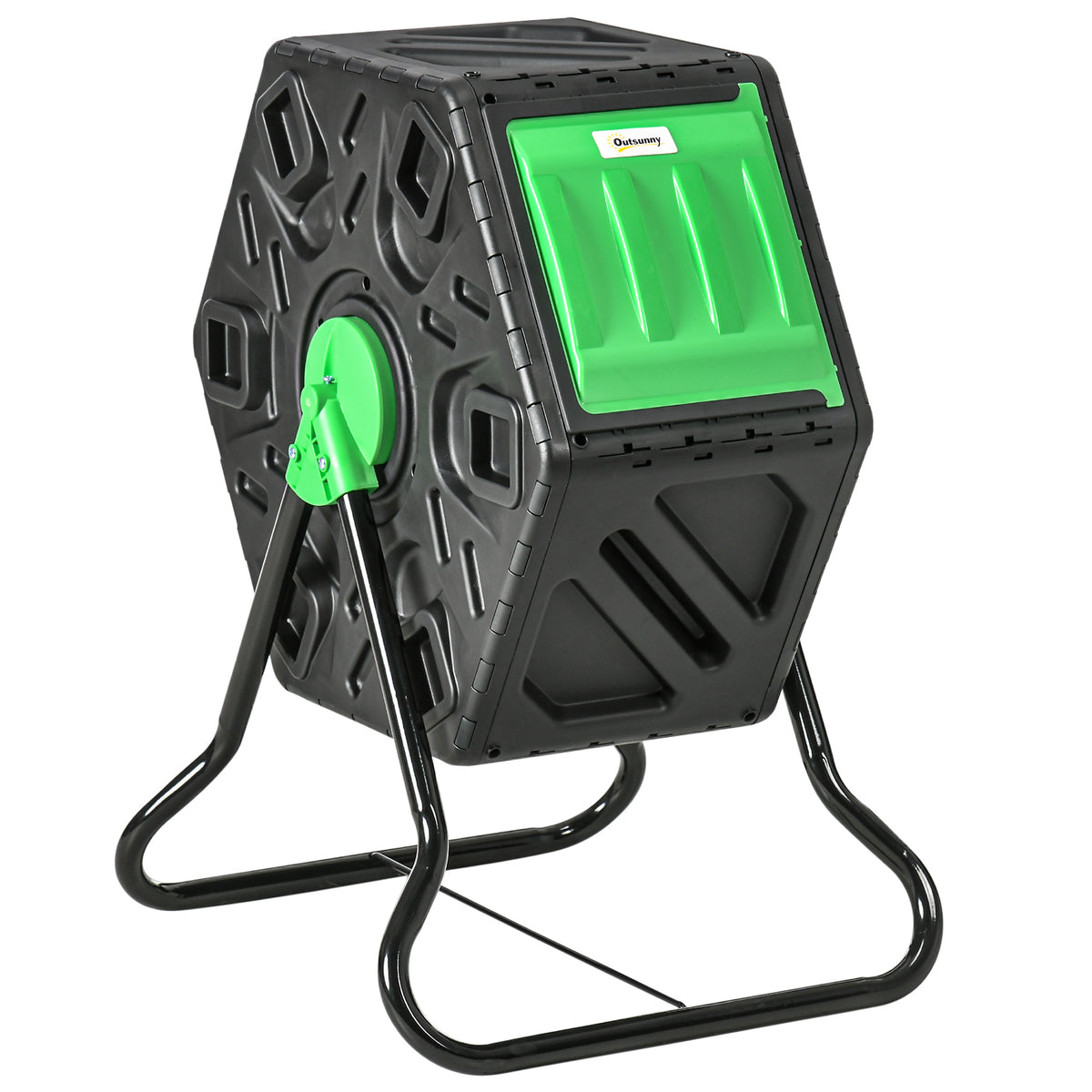 Compost bin, 65-liter composter, rotating, compact, 24 ventilation holes, steel, plastic, green+black