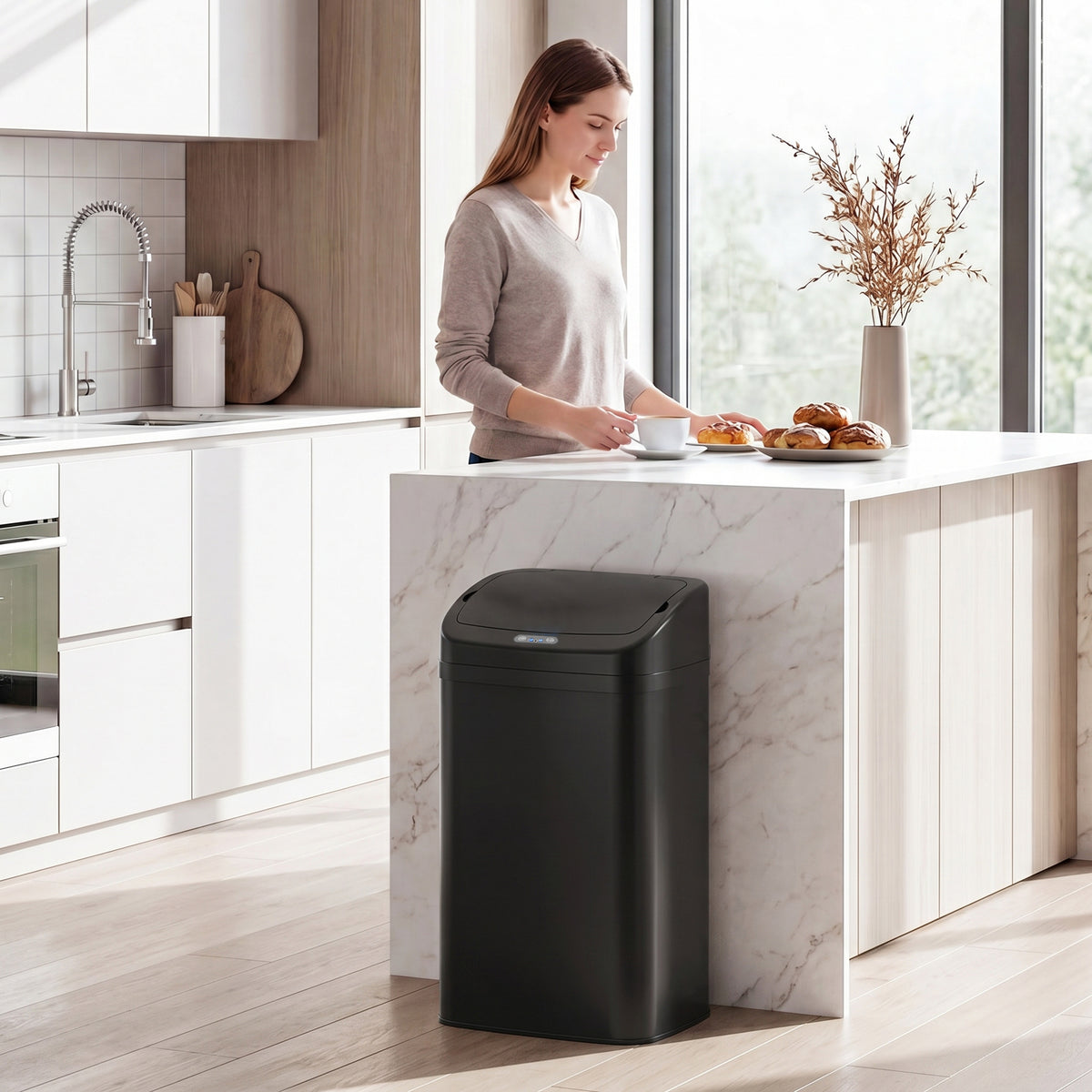 HOMCOM 48 L Sensor-Mülleimer für Küche oder Büro, automatische Schließ-Funktion, Edelstahl, Schwarz – Produktabbildung 2