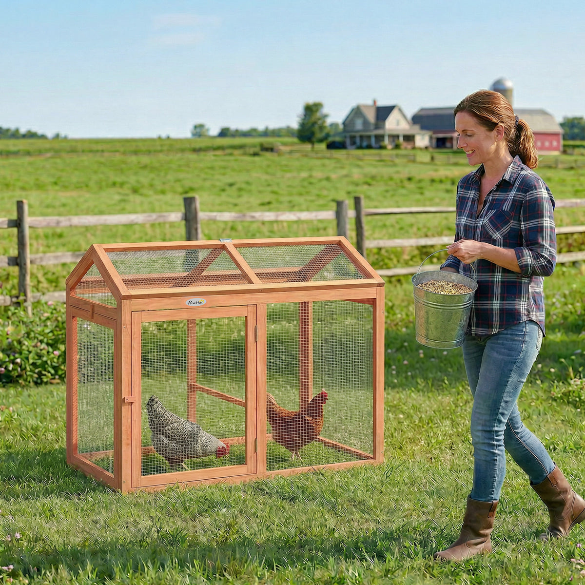 PawHut Hühnerstall Freilaufgehege mit Sitzstange Doppeltüren, aus Holz und Metall, für 2 Hühner, 104 x – Produktabbildung 2