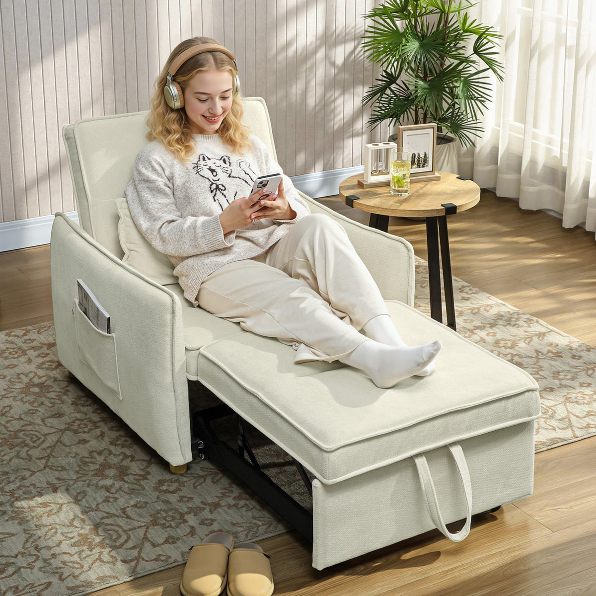 HOMCOM Schlafsessel 3 in 1 Umwandelbarer Sessel mit Bettfunktion, Lendenkissen, für Wohnzimmer Creme – Produktabbildung 2