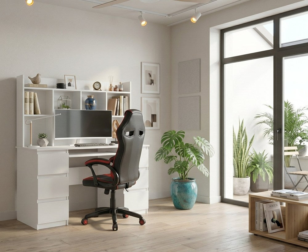 Schreibtisch KUBA MIT AUFSATZ WEISS + Sessel DRIFT ROT Set 6 Schubladen – Produktabbildung 2