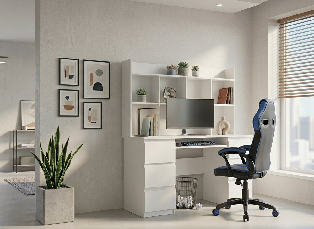 Schreibtisch KUBA MIT AUFSATZ WEISS + Sessel DRIFT BLAU Set 6 Schubladen – Produktabbildung 2
