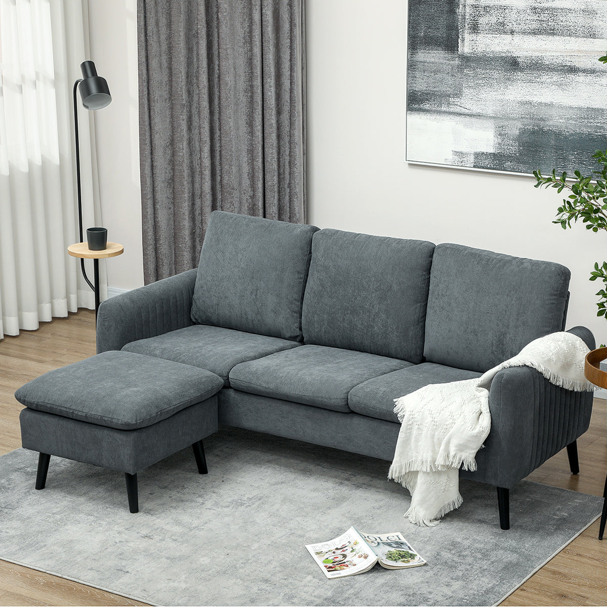 HOMCOM Ecksofa, 3-Sitzer-Sofa mit Fußhocker, Stoffbezug, L-förmiges Couch-Set, Dunkelgrau – Produktabbildung 10