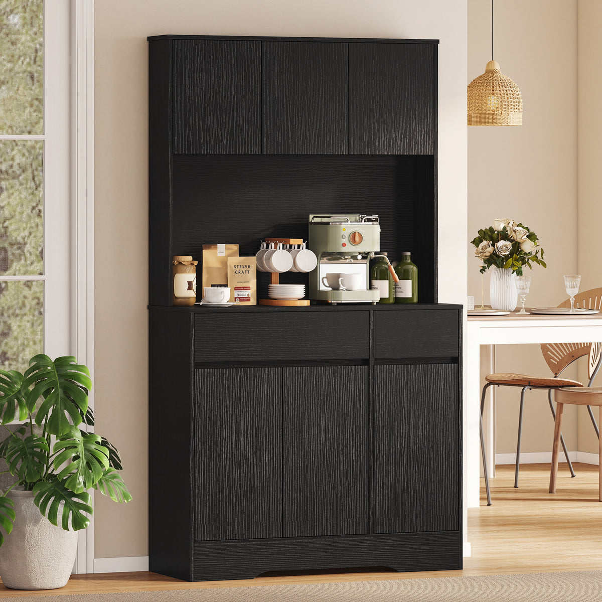 HOMCOM Buffet-Küchenschrank mit Arbeitsplatte, 6 Türen, hoher Stauraumschrank mit Regalen, Schwarz – Produktabbildung 2