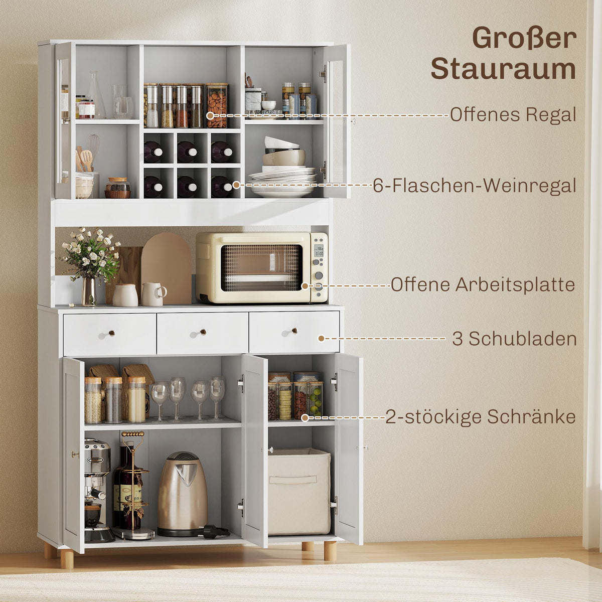 HOMCOM 180 cm Küchenschrank, 2 Glastüren, 3 Schubladen, 4 verstellbare Regale, Esszimmerschrank – Produktabbildung 4